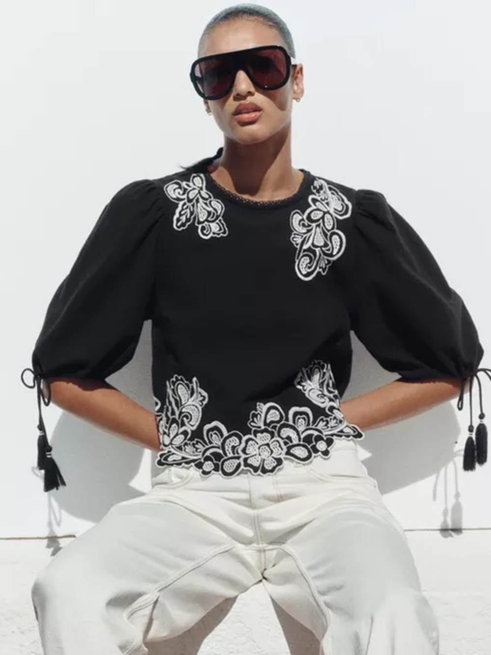 ZARA PUFF SLEEVE EMBROIDERED BLOUSE